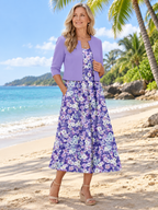 Elegante vestido midi floral con chaqueta corta - Conjunto de 2 piezas