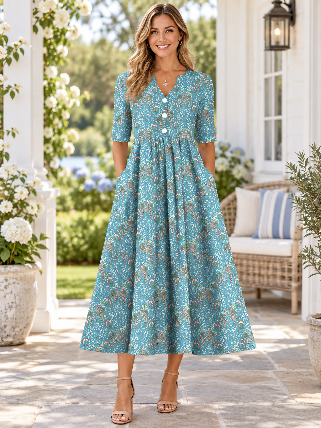 Vestido midi de media manga con cuello en V, estampado floral y pliegues, con bolsillos