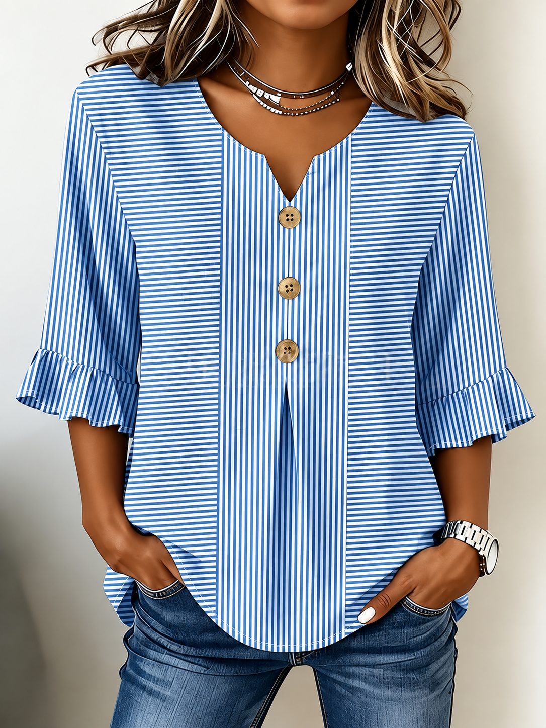 Casual V Neck 3/4 Sleeve Striped Print Blouse