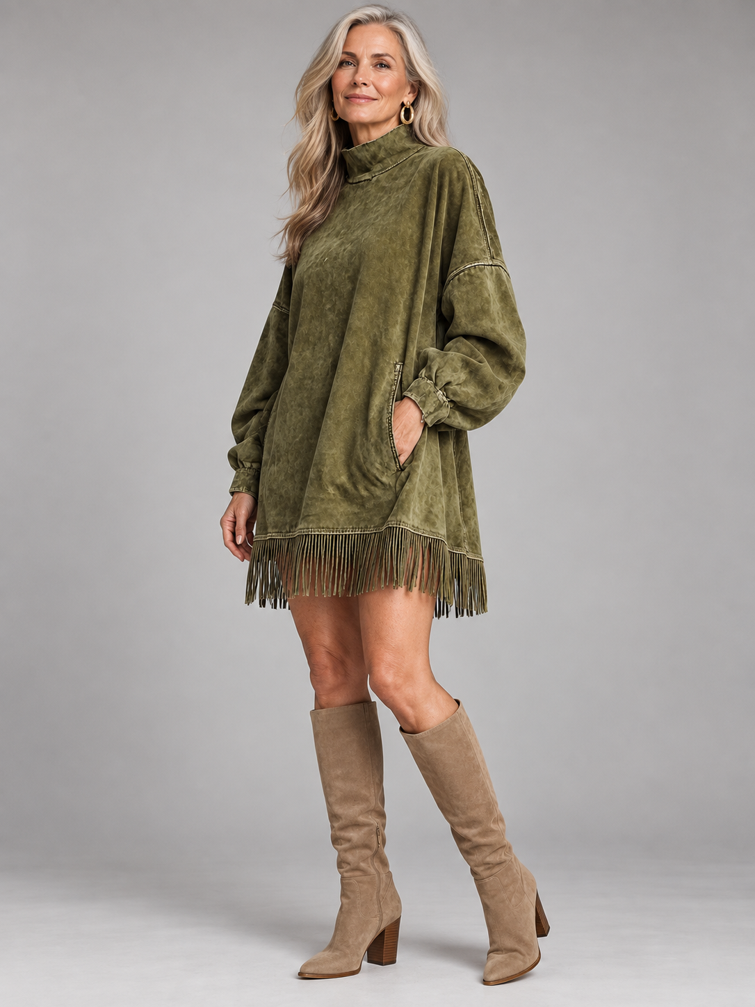 High-Neck Faux-Suede Dress with Fringe Hem