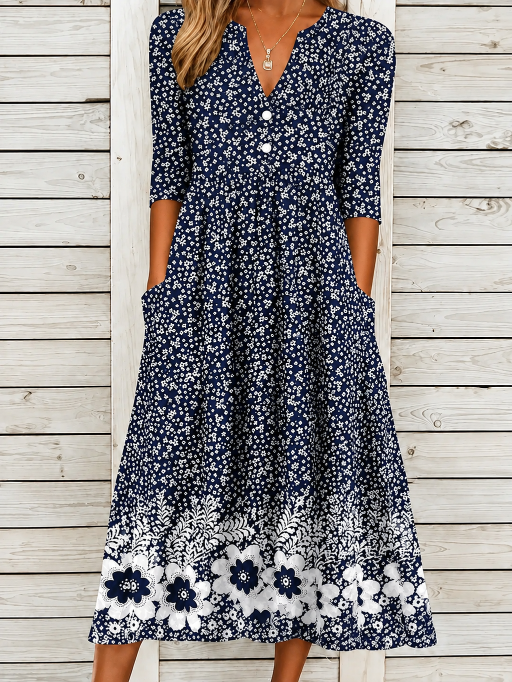 Vestido midi elegante con estampado floral, escote en V y manga al codo