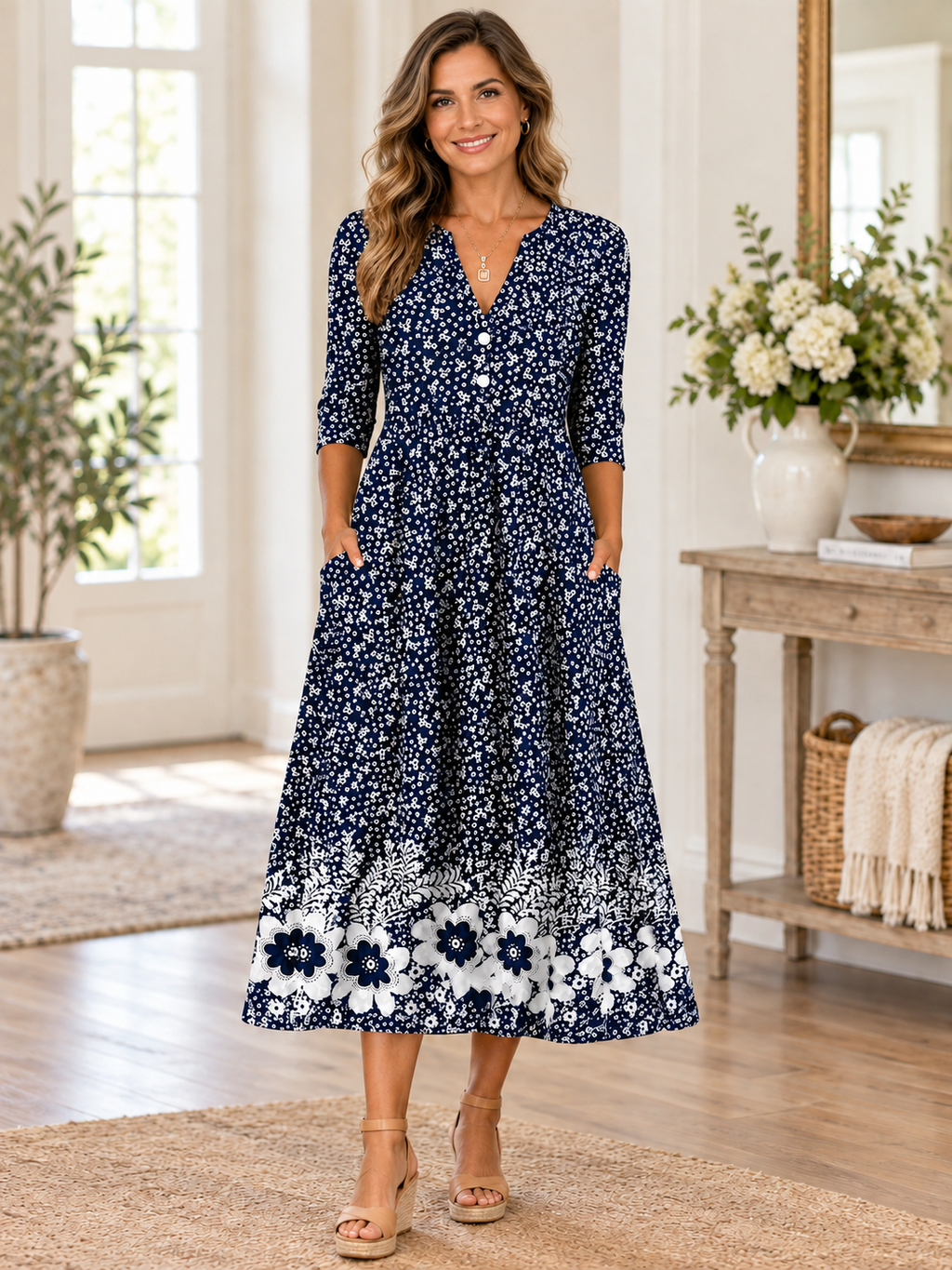 Vestido midi elegante con estampado floral, escote en V y manga al codo