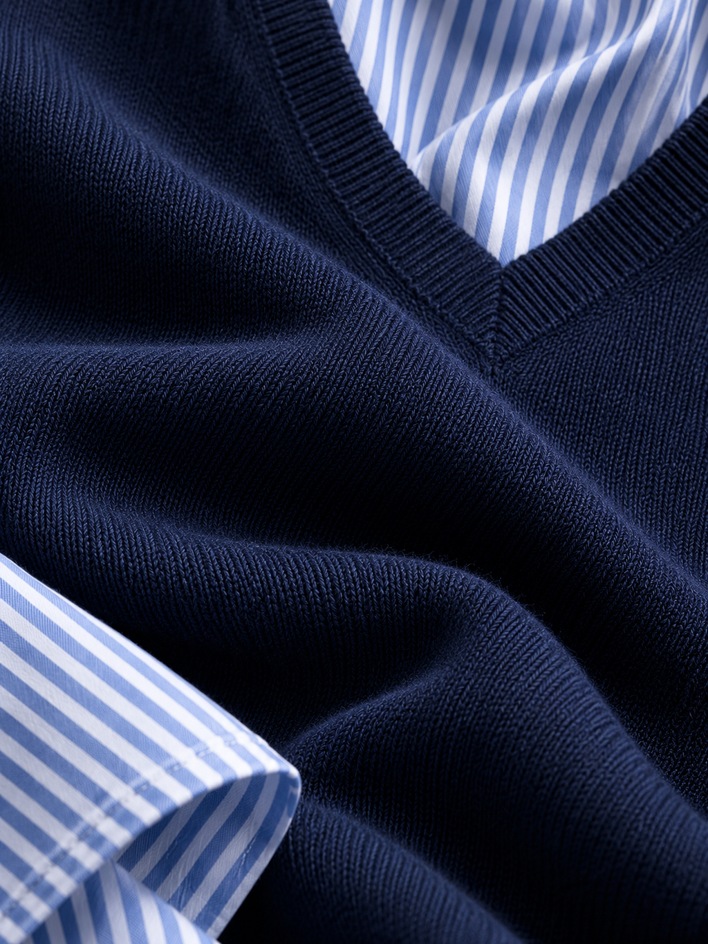 Navy Knit Collared Fake‑Layer Pullover Sweater
