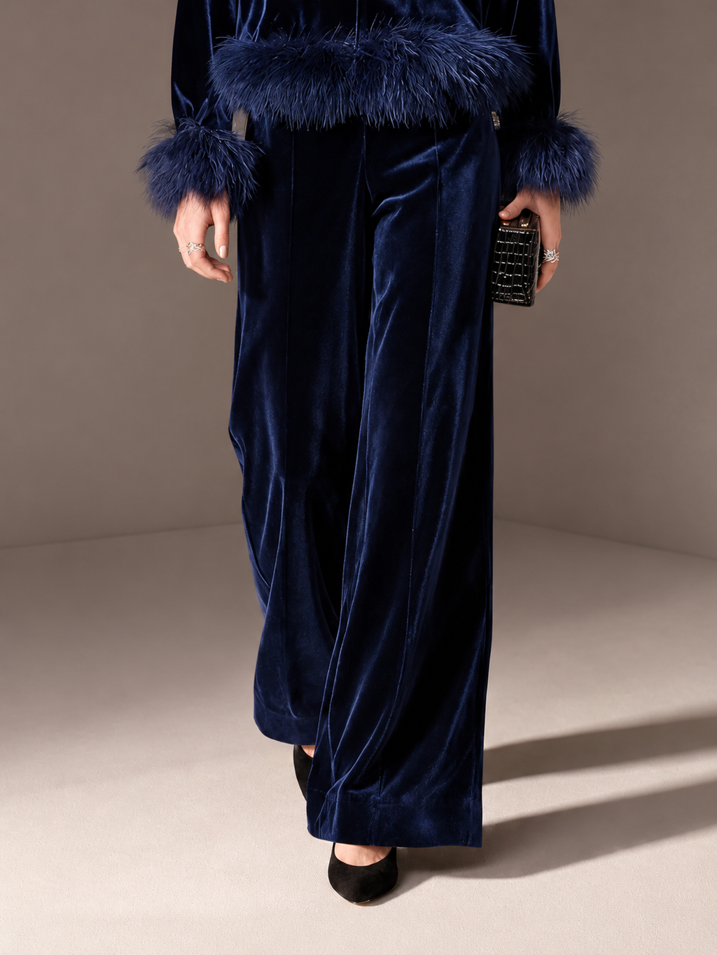 Navy Velvet Artificial Fur Trim Notch-Neck Drop-Shoulder Top And Wide-Leg Trousers Set