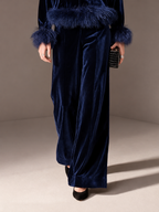 Navy Velvet Artificial Fur Trim Notch-Neck Drop-Shoulder Top And Wide-Leg Trousers Set