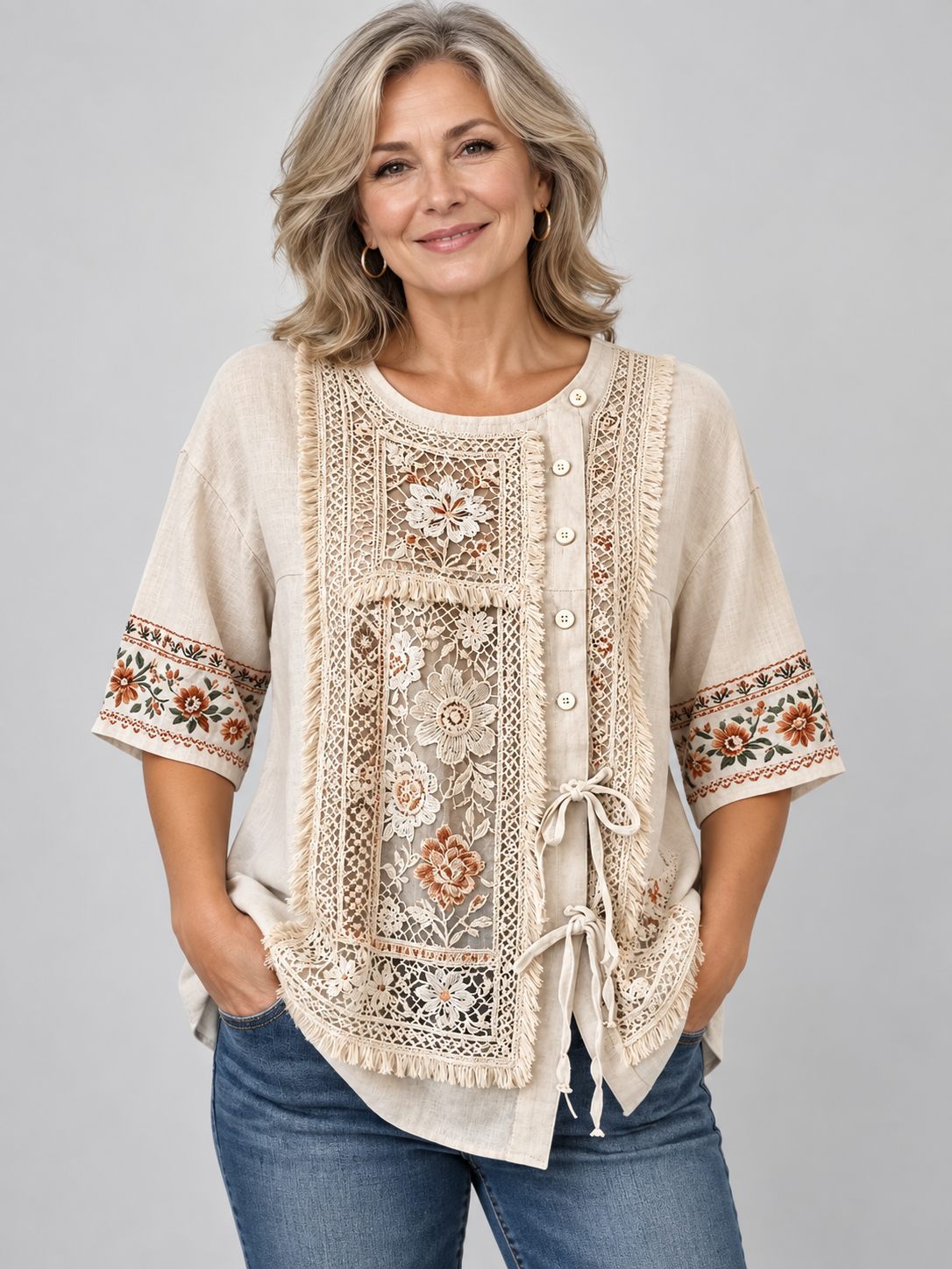 Beige Floral Lace Fringe Round Neck Half Sleeve Drawstring Blouse