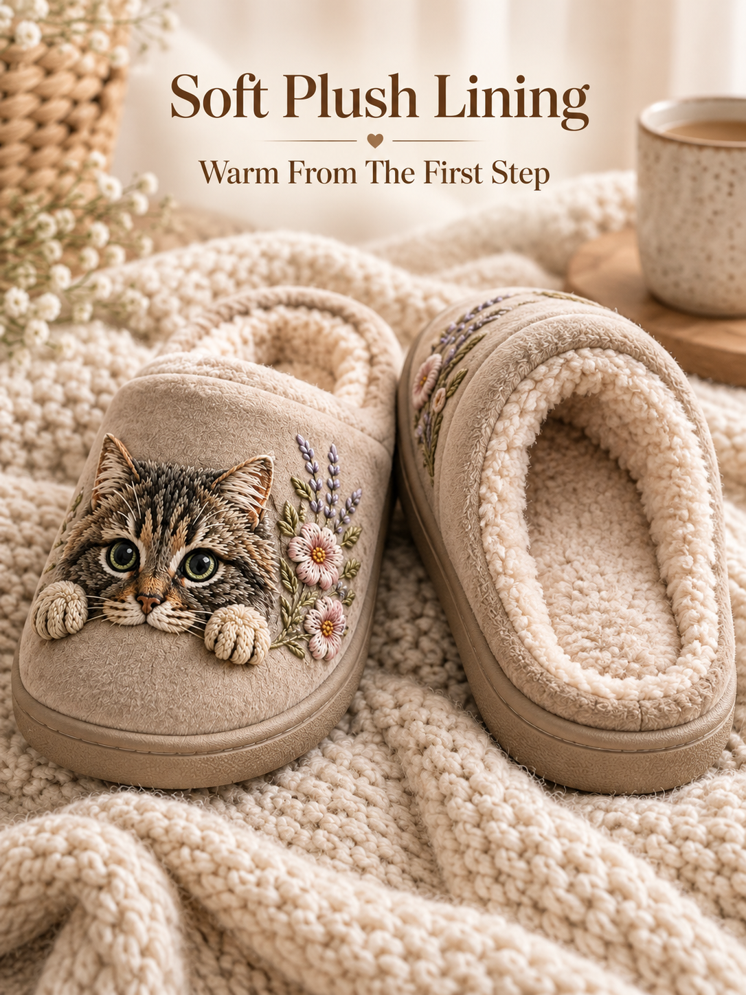 Embroidered Cat Slippers
