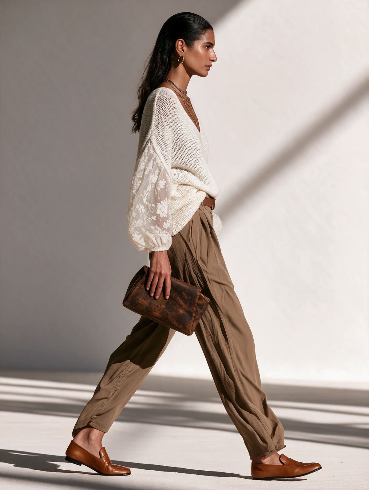 Lace Panel Balloon Sleeve Knit Top