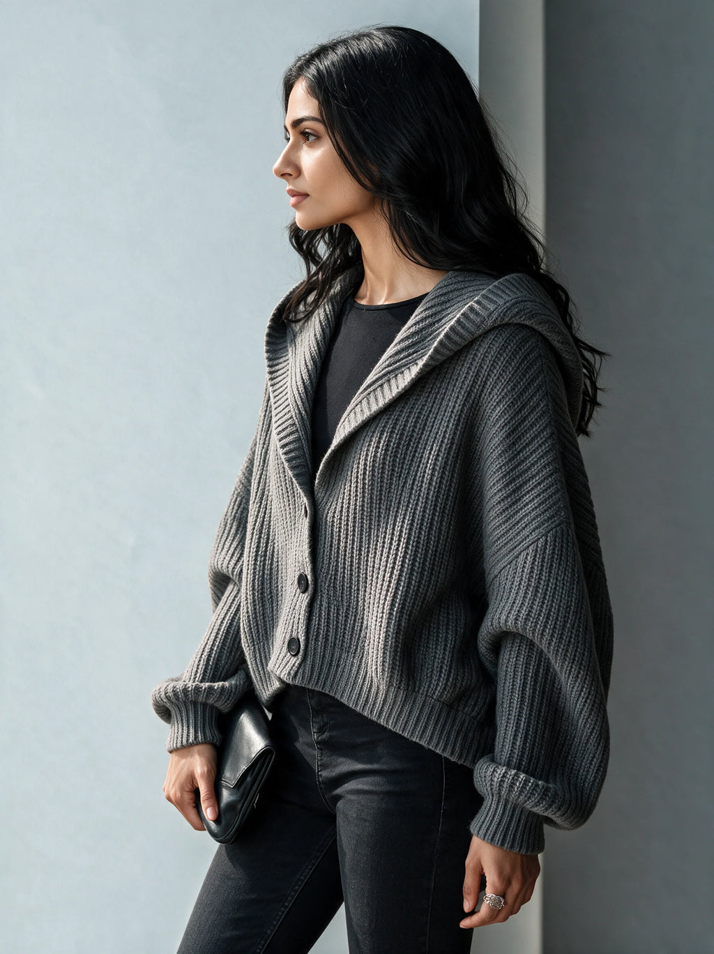 Hooded Chunky-Ribbed Knit Cardigan