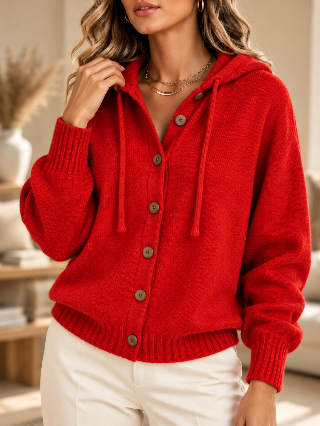 Cozy Knit Hooded Cardigan – Soft Button-Front Sweater
