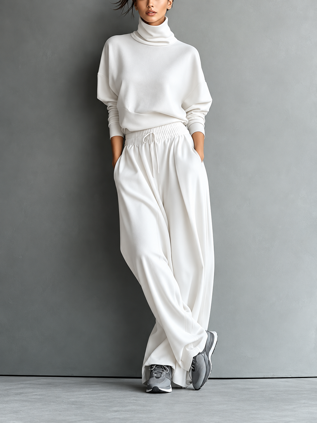 Knit Set with High Neck and Wide Leg Pants