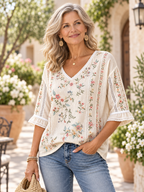 Floral Embroidery V-Neck Lace-Trim Blouse