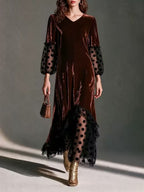 V-Neck Blouson-Sleeve Polka-Dot Mesh Velvet Maxi Dress
