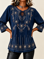 Floral Embroidered Split V-Neck 3/4 Sleeve Blouse