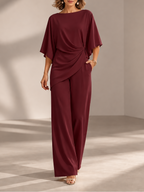 Conjunto de blusa drapeada y pantalón de pierna ancha