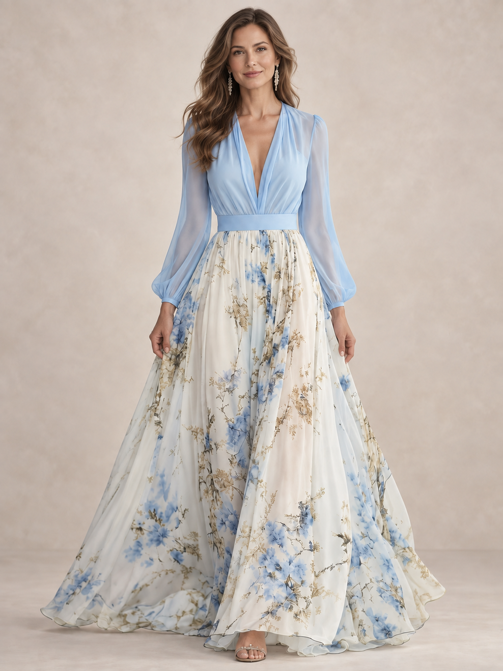 Vestido largo de gasa con estampado floral y escote pronunciado de manga larga