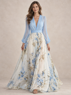 Vestido largo de gasa con estampado floral y escote pronunciado de manga larga