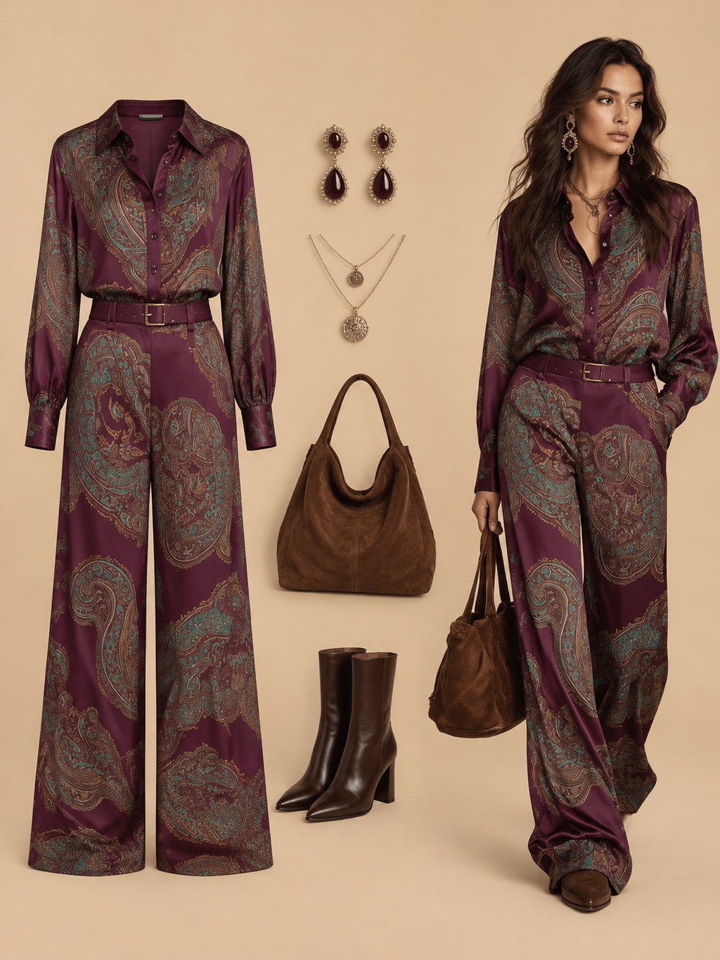 Vintage Paisley Satin Belted Ensemble