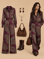 Vintage Paisley Satin Belted Ensemble