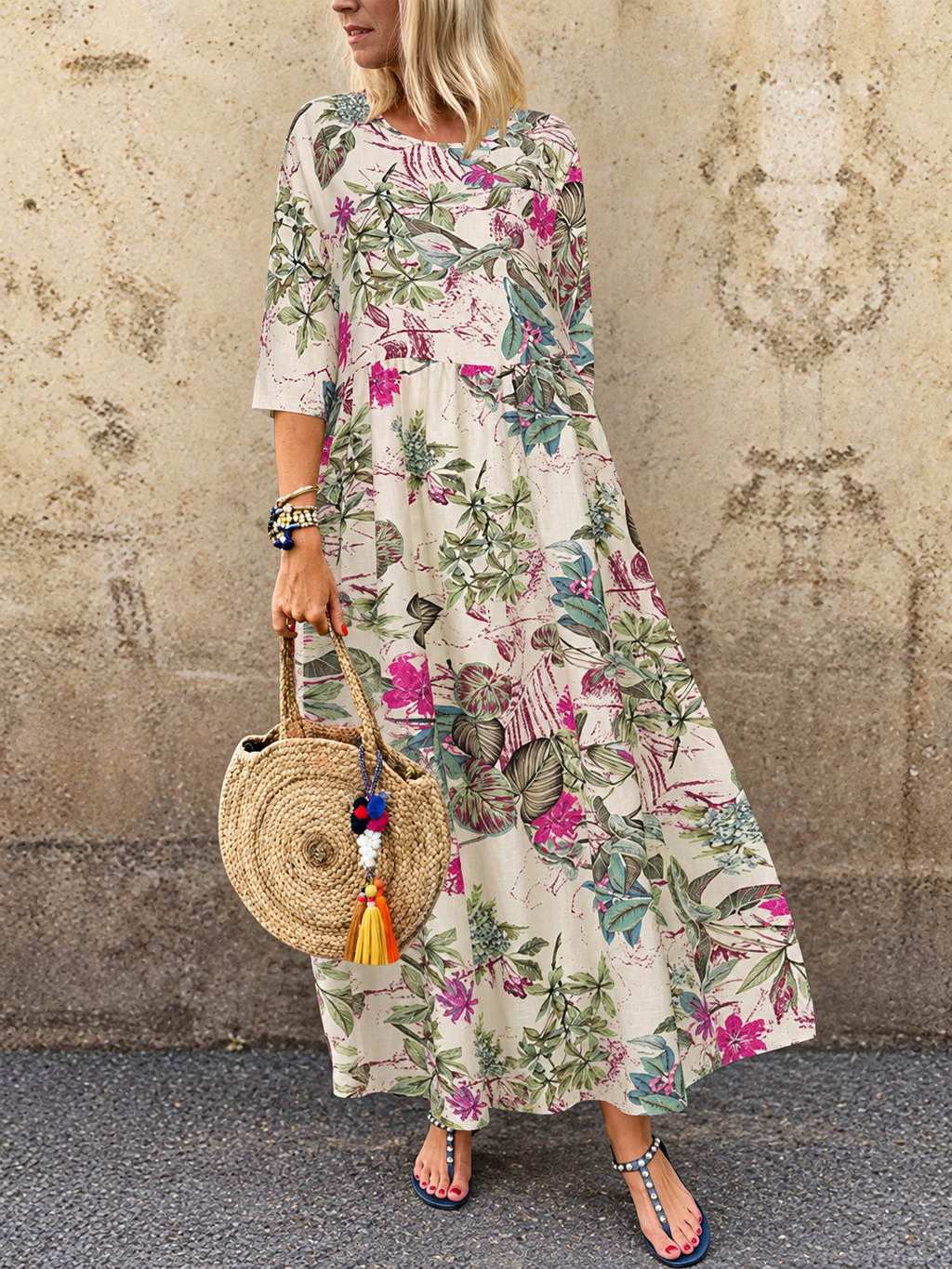Comfortable Floral Print Half Sleeve Maxi Dress