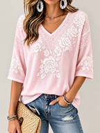 Floral Embroidered Lace Trim V Neck 3/4 Sleeve Blouse