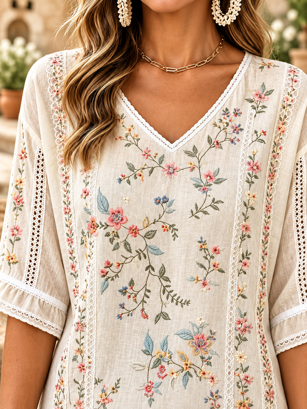 Floral Embroidery V-Neck Lace-Trim Blouse