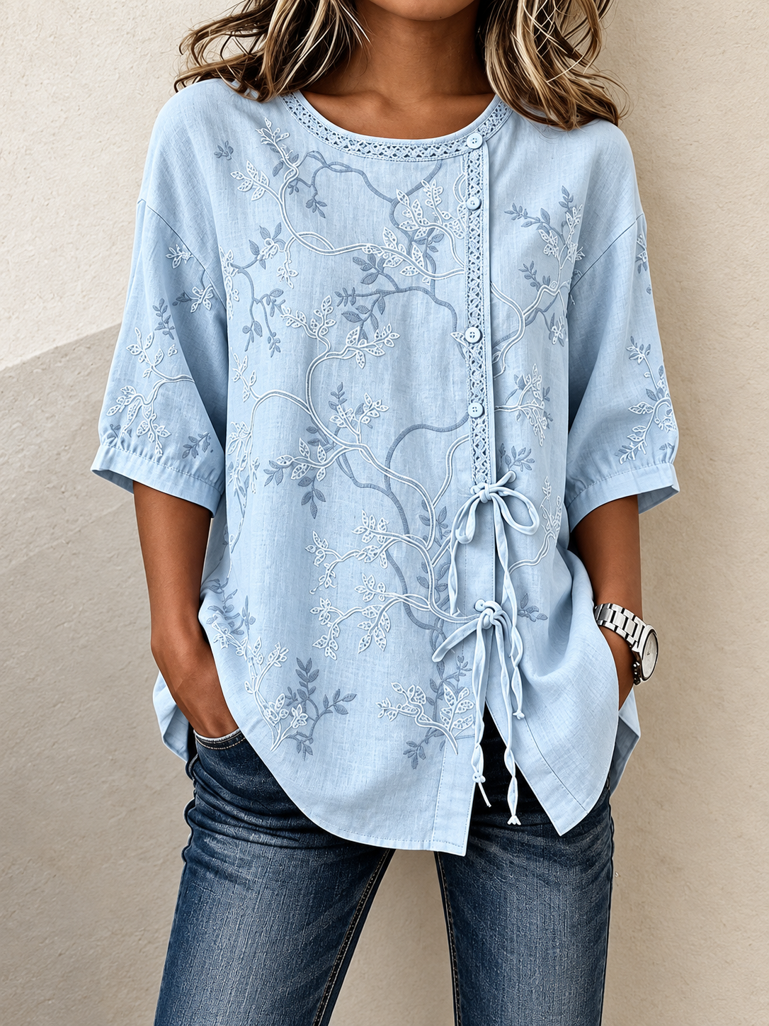 Floral Embroidery Lace-Trim Half Sleeve Blouse