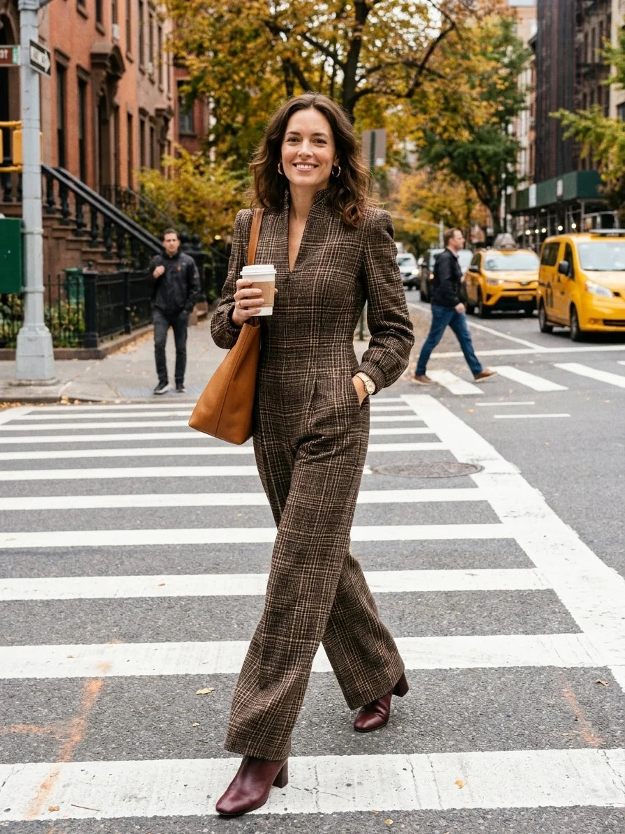 Vintage Plaid Woolen Stand Collar Wide Leg Jumpsuit