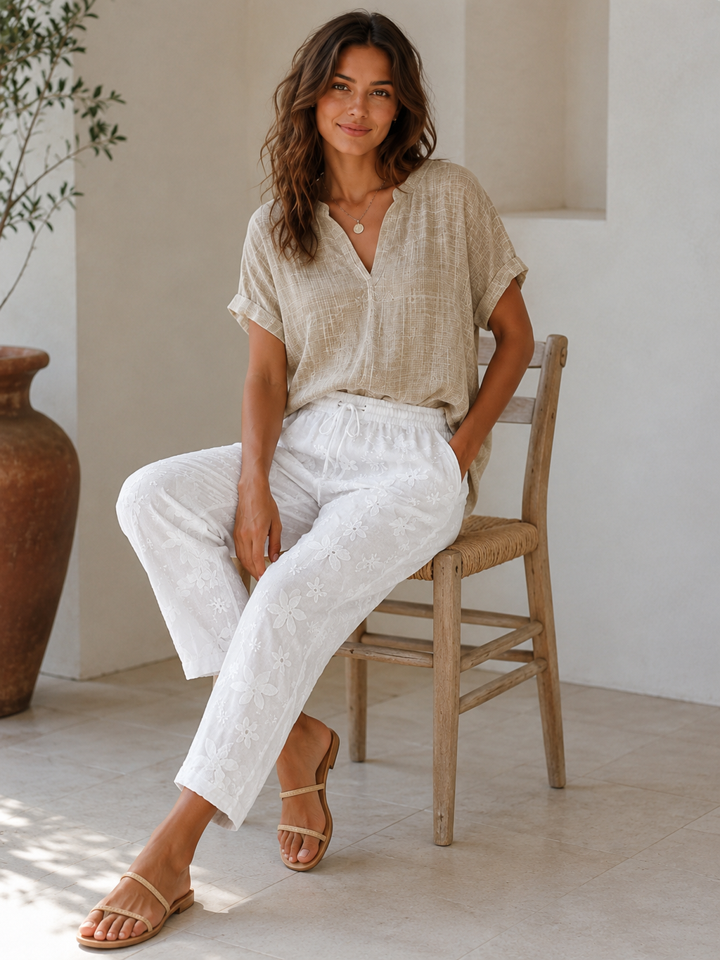 Textured Floral Relaxed Pants with Pockets
