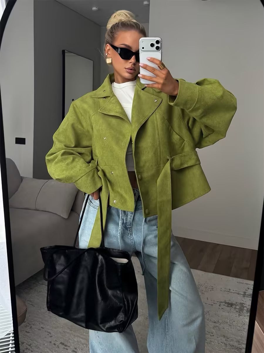 Oversized Cropped Jacket with Adjustable Waist Belt