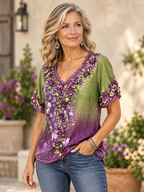 Blusa con cuello en V, encaje, pedrería y bordado floral