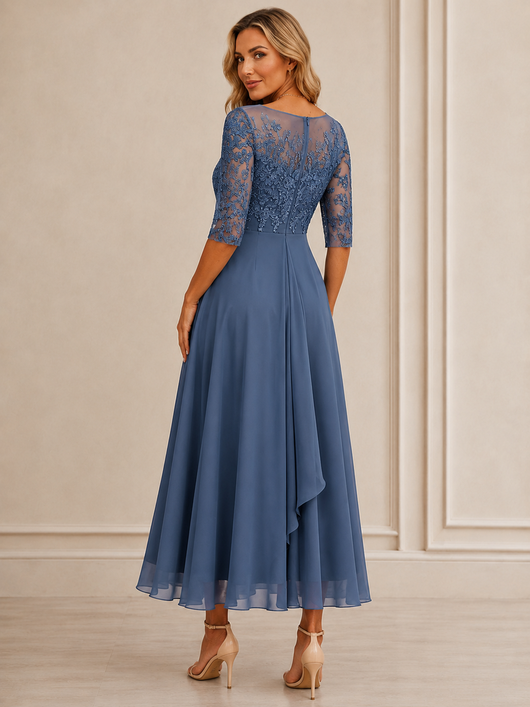 Elegant Lace Half-Sleeve Wedding Guest Midi Dress