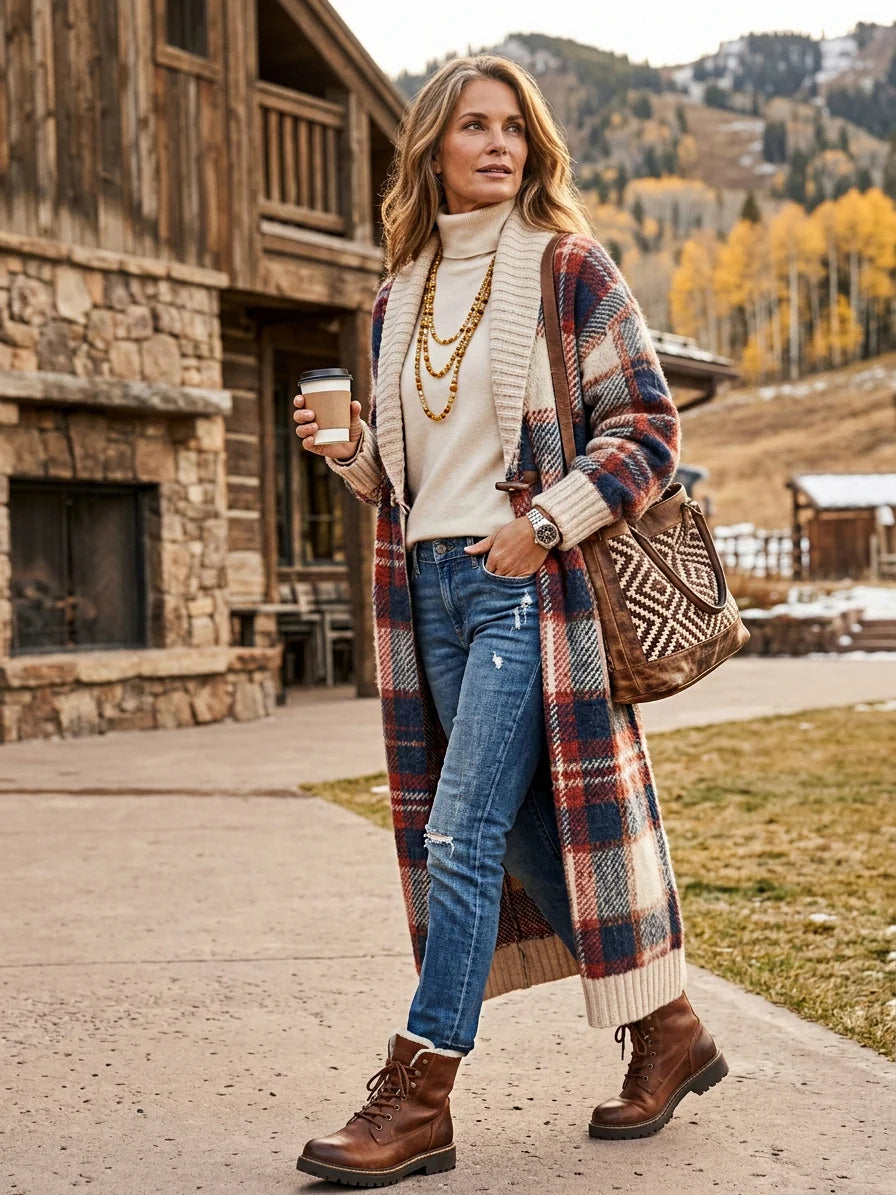 Vintage Plaid Jacquard Shawl-Collar Toggle Cardigan