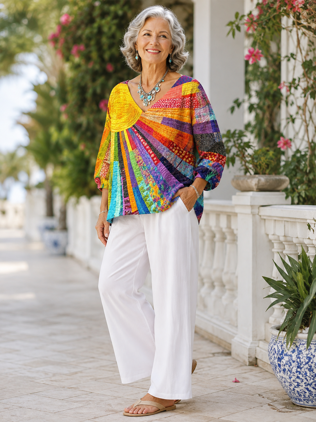 Colorful Patchwork V-Neck Half Sleeve Relaxed Blouse