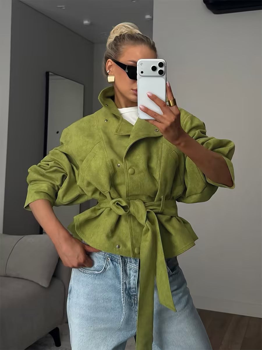 Oversized Cropped Jacket with Adjustable Waist Belt
