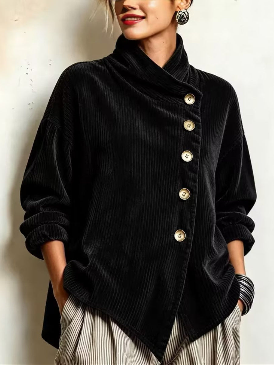 Asymmetric Button-Front Ribbed Knit Jacket