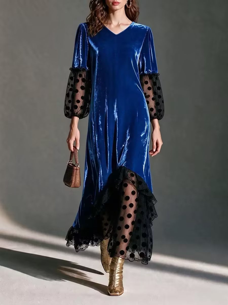 V-Neck Blouson-Sleeve Polka-Dot Mesh Velvet Maxi Dress