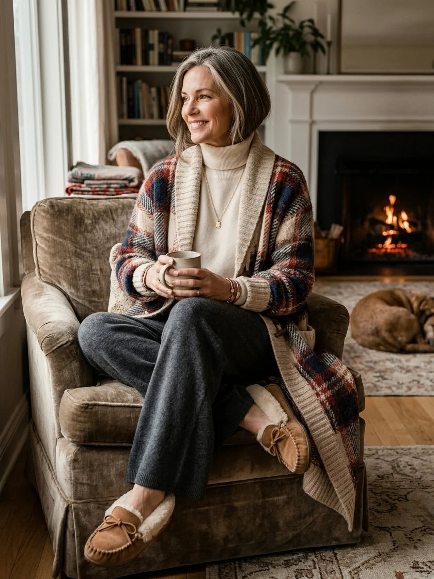 Vintage Plaid Jacquard Shawl-Collar Toggle Cardigan