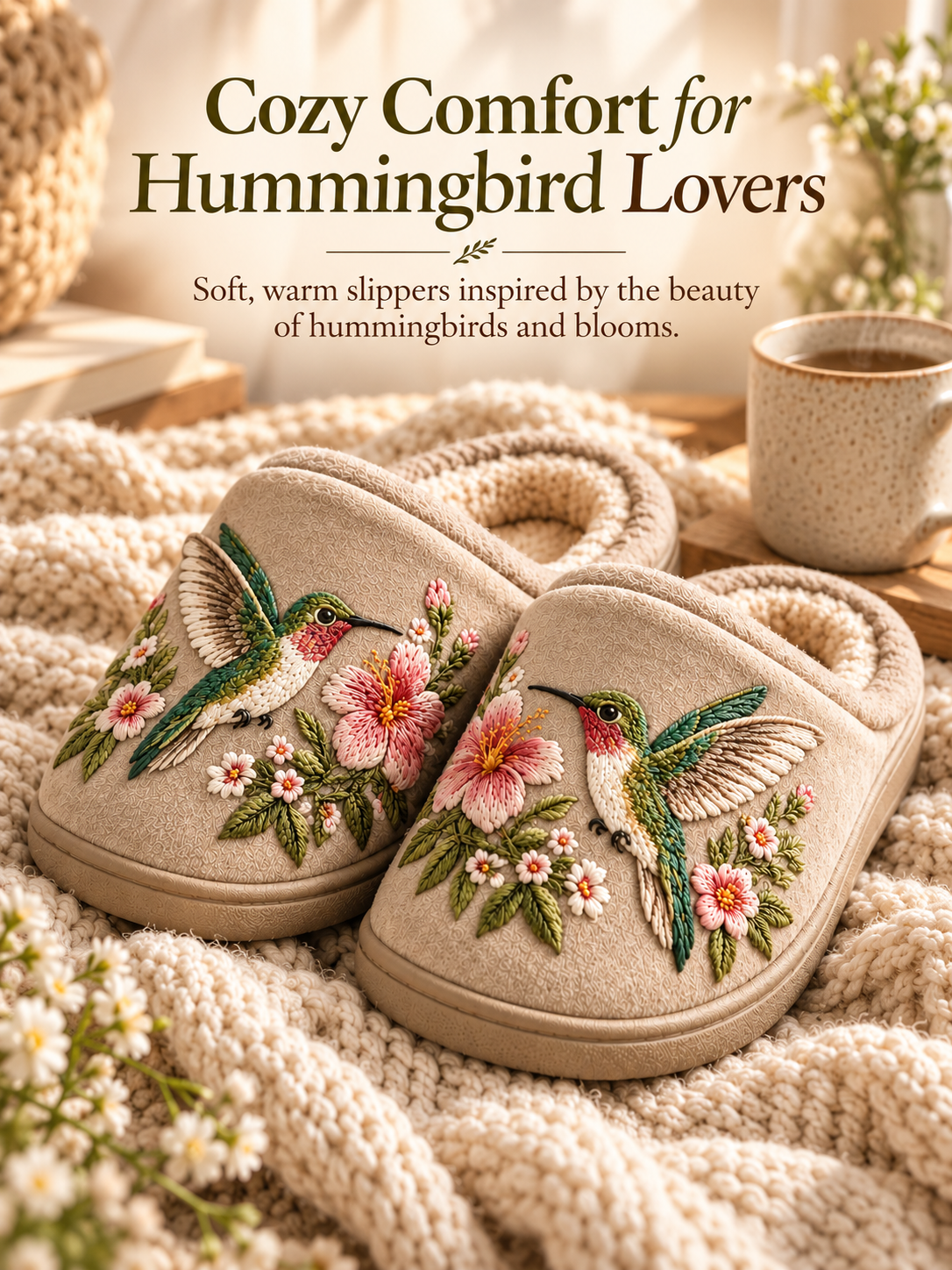 Embroidered Hummingbird Slippers