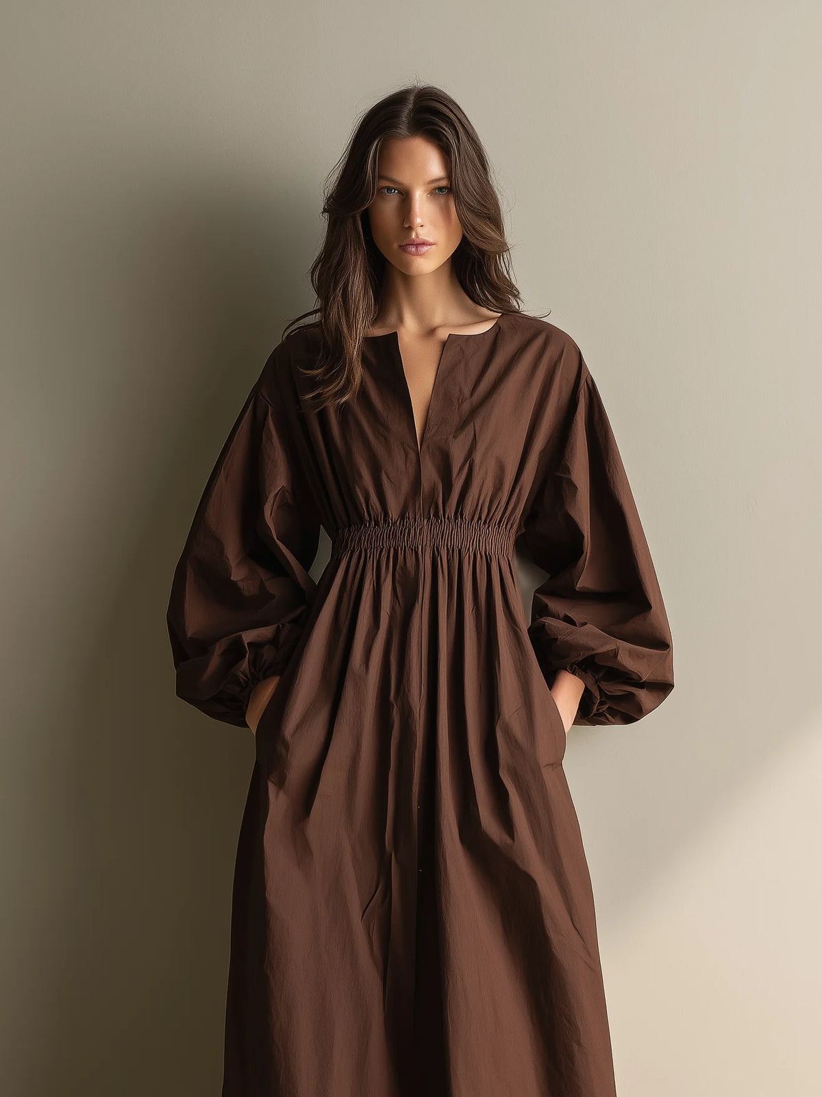 Caual V-neck Long-sleeved Maxi Dress With Elastic Waist