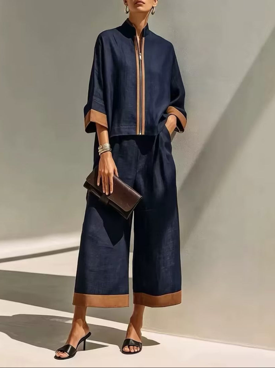 Contrast Trim Linen Set
