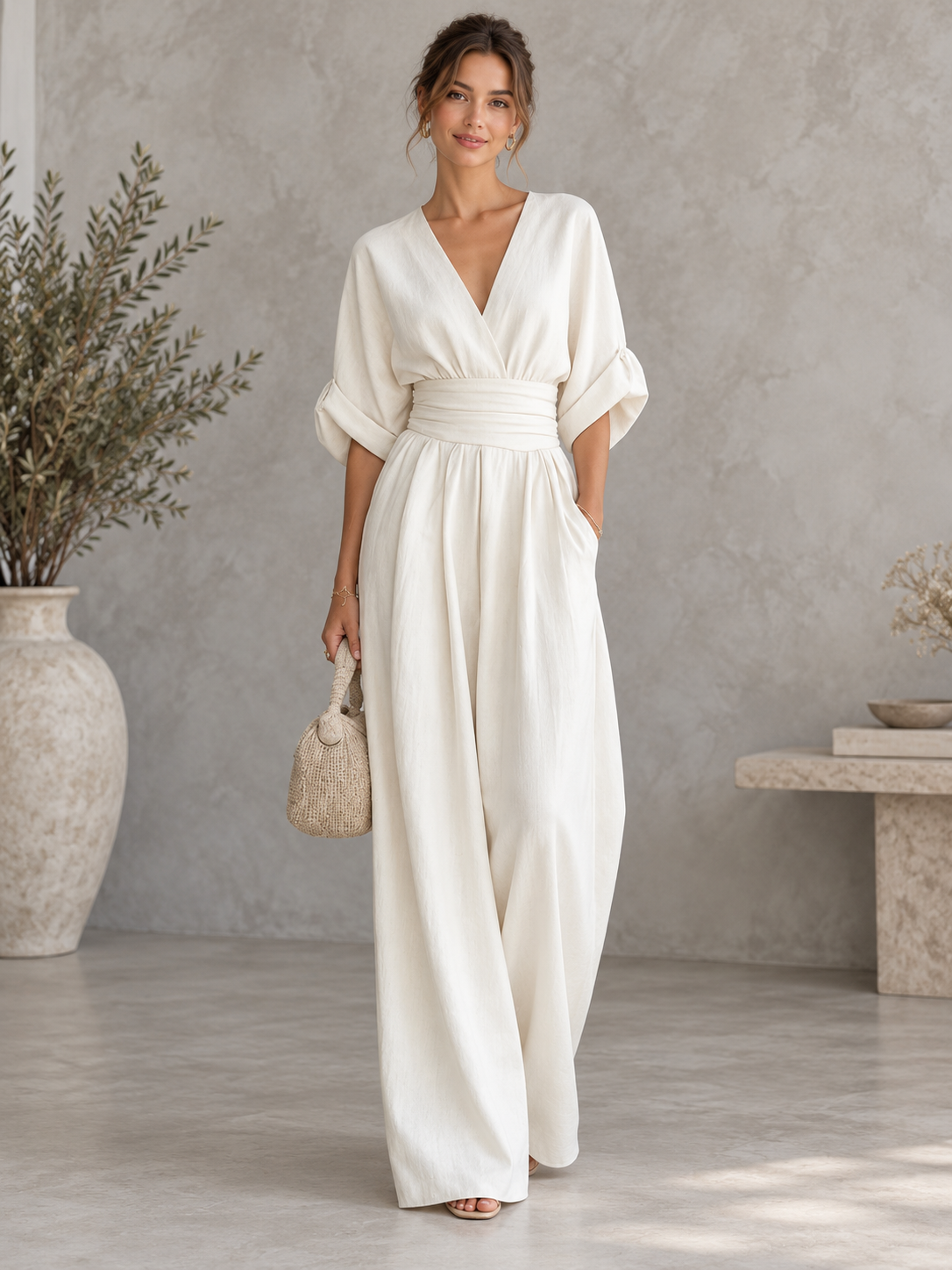 Boho Wide-Leg High-Waist V-Neck Jumpsuit