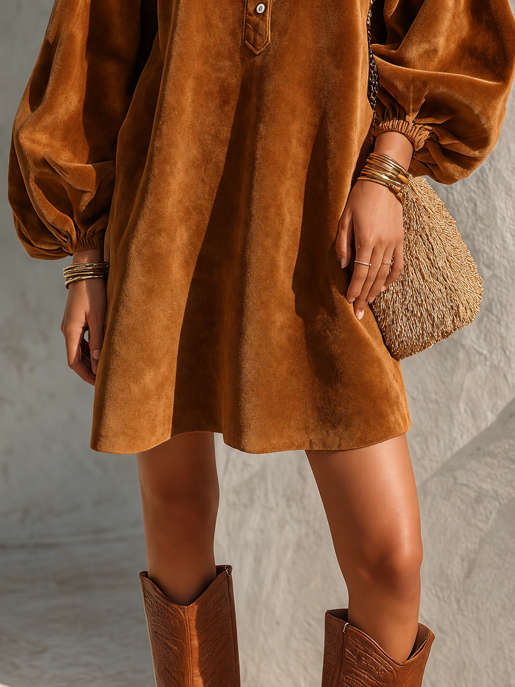 Vintage Velvet Lantern-Sleeve Button-Collar Mini Dress