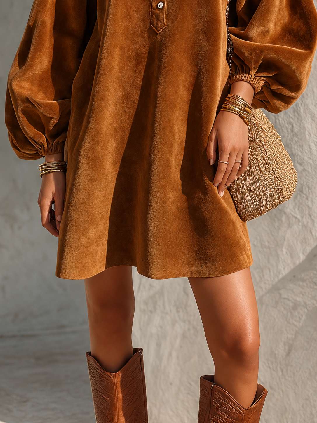 Vintage Velvet Lantern-Sleeve Button-Collar Mini Dress