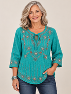 Floral Embroidered Split V-Neck 3/4 Sleeve Blouse