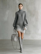 Knitted White Lace Turtleneck Comfortable Mini Dress