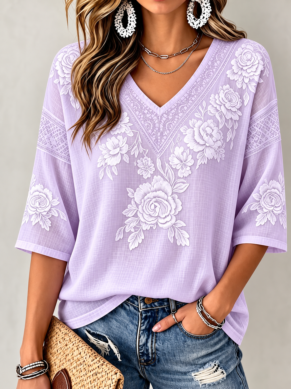 Floral Embroidered Lace Trim V Neck 3/4 Sleeve Blouse