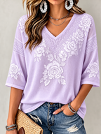 Floral Embroidered Lace Trim V Neck 3/4 Sleeve Blouse