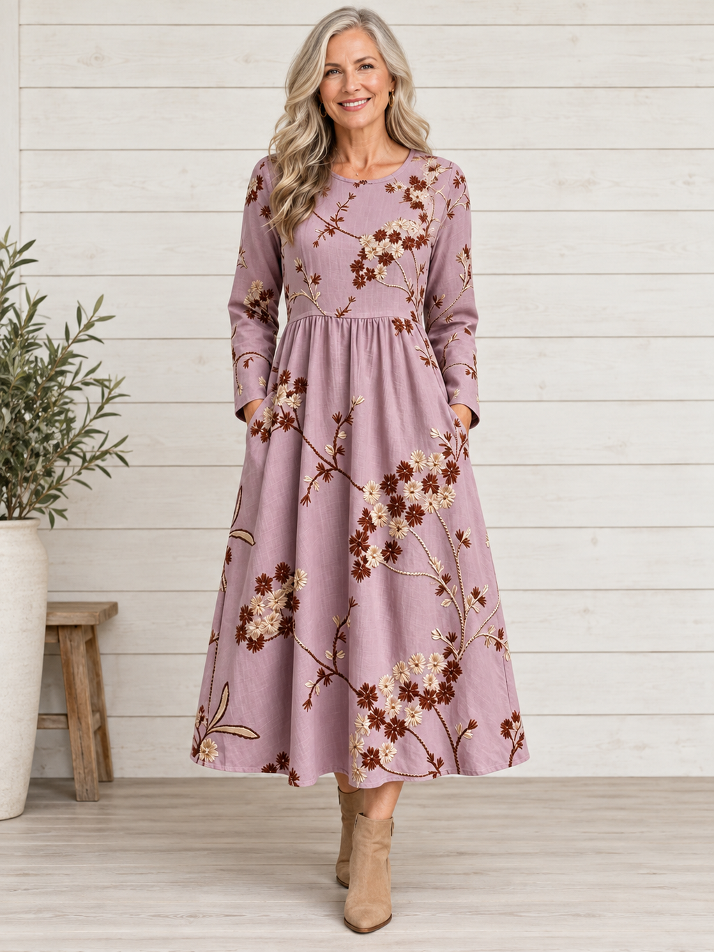 Light Purple Floral Print Round Neck Long Sleeve Midi Dress
