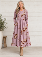 Light Purple Floral Print Round Neck Long Sleeve Midi Dress
